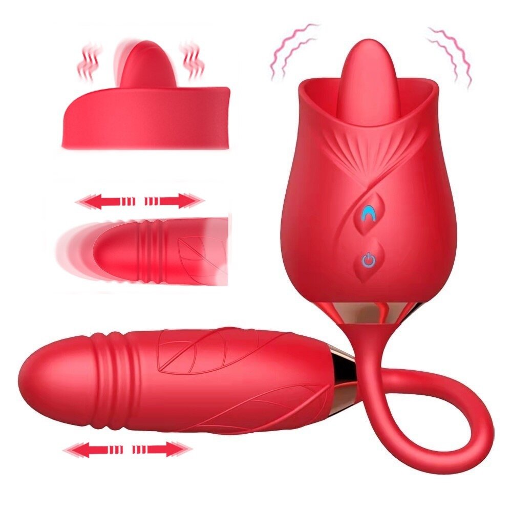 Detalle del vibrador flor de loto mostrando el extremo en forma de bala en silicona roja con texturas suaves para mayor estimulación