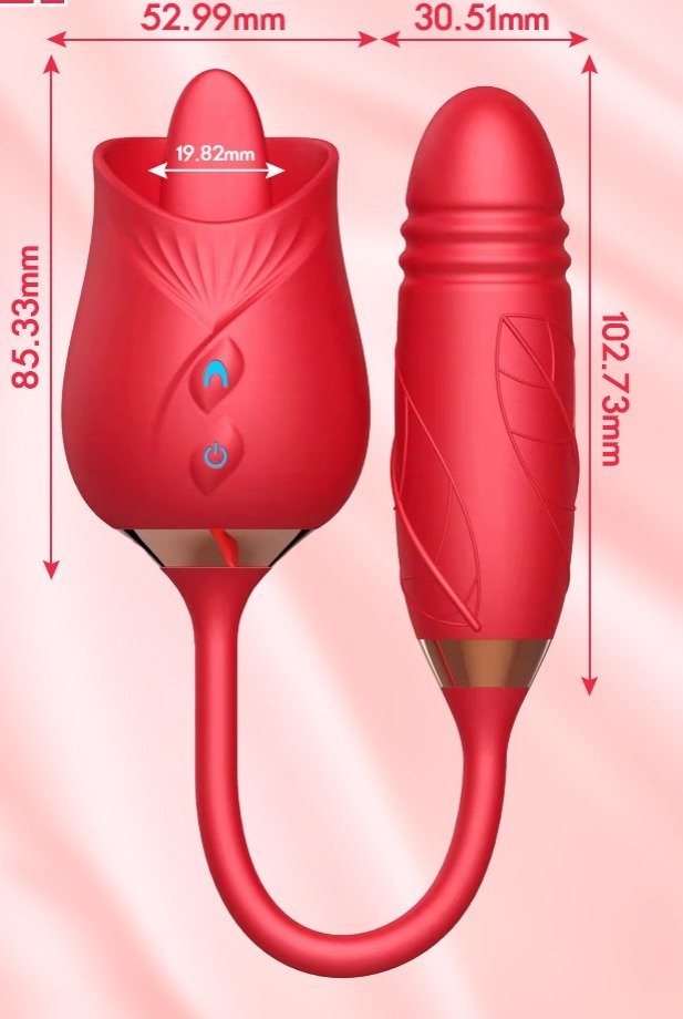 Gráfico detallado mostrando las dimensiones exactas de cada extremo del vibrador flor de loto, incluyendo longitud, ancho y características de funcionamiento