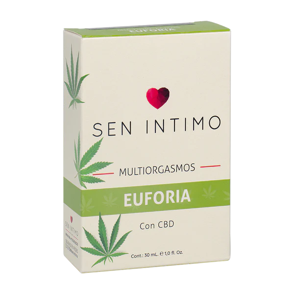 Empaque del lubricante íntimo Multiorgasmos Euforia Sen Intimo con CBD, resaltando su fórmula a base de cannabis sativa para potenciar las sensaciones.