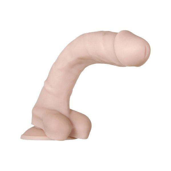 Vista lateral del dildo erecto mostrando la base con ventosa y estructura firme