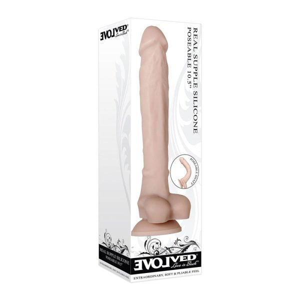 Empaque del Dildo Realista Super Flex Evolved mostrando su presentación y características destacadas.