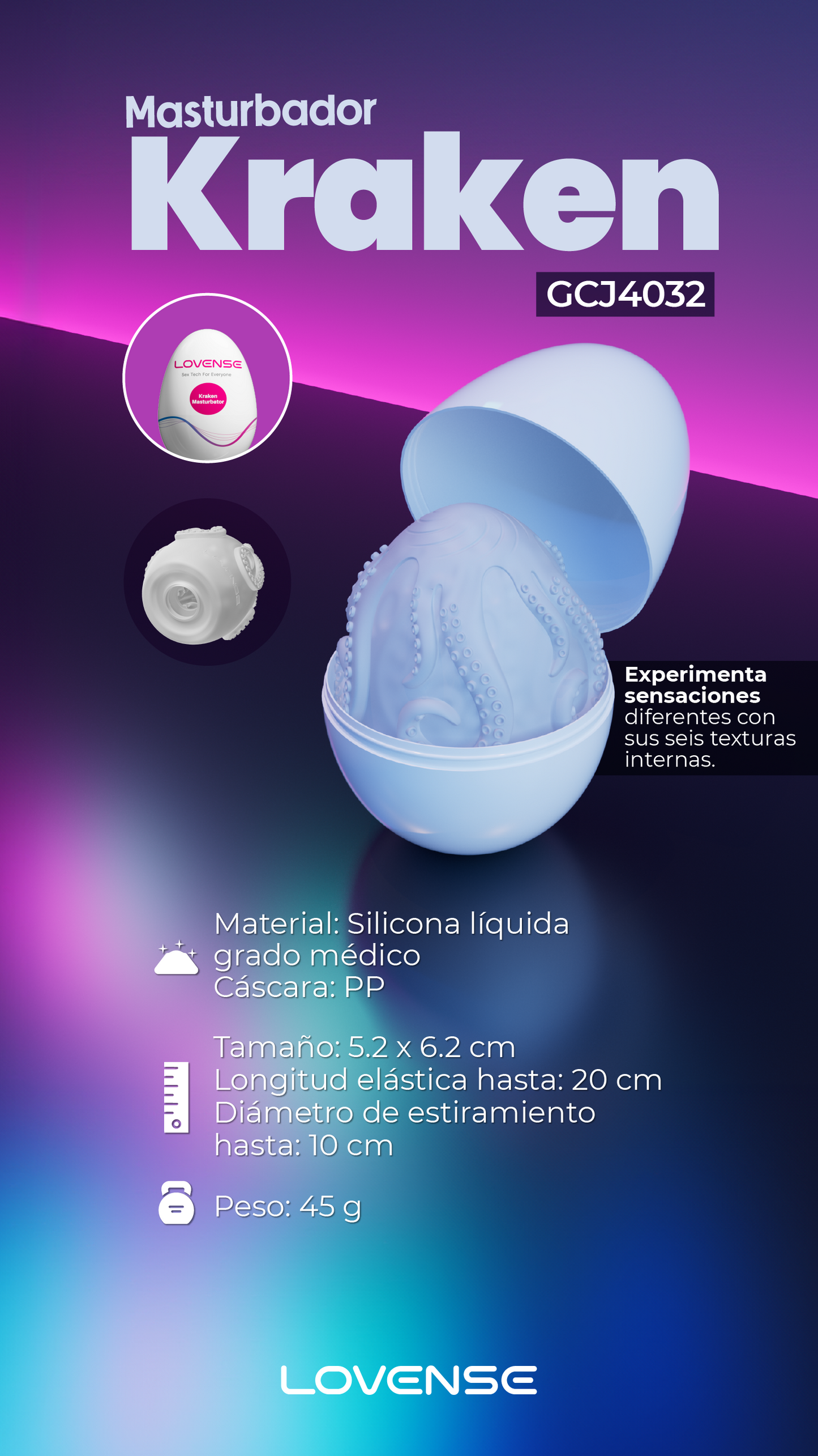 Masturbador Kraken discreto y portátil junto a su empaque. Diseño en forma de huevo con texturas internas para estimulación intensa.