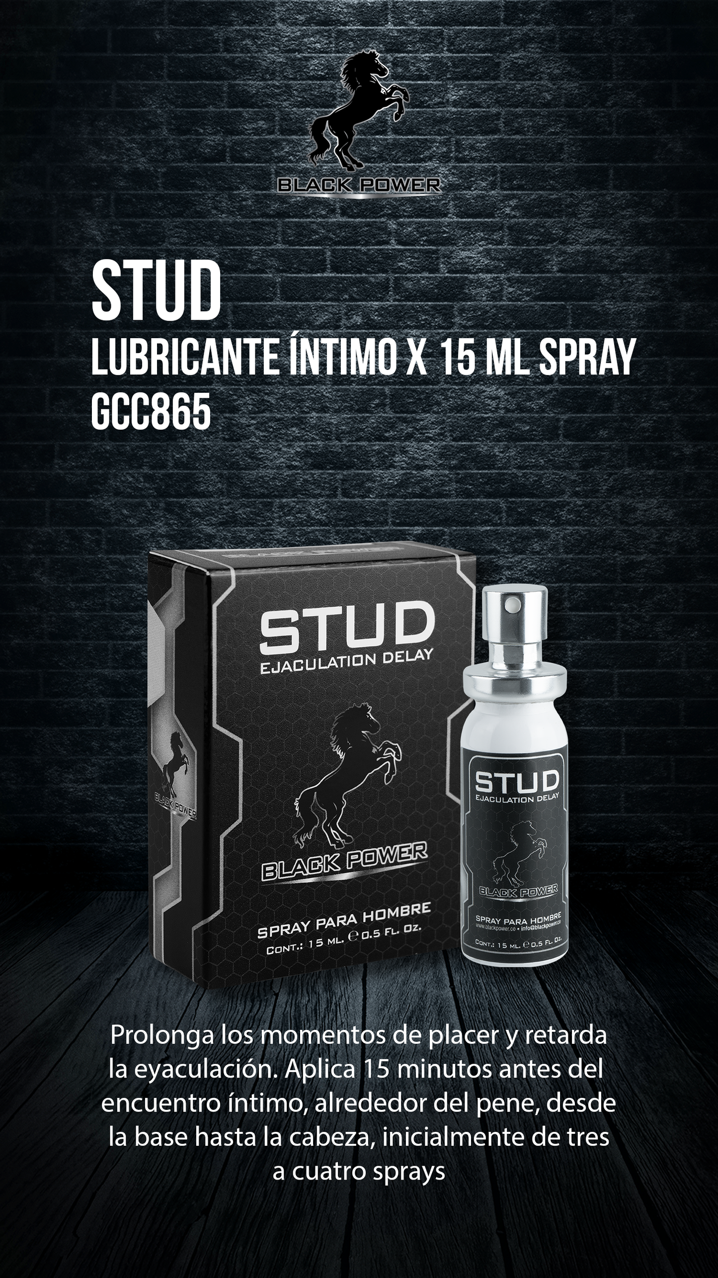 Diseño publicitario del Stud Spray Black Power con fondo negro, resaltando su uso para retardar la eyaculación.
