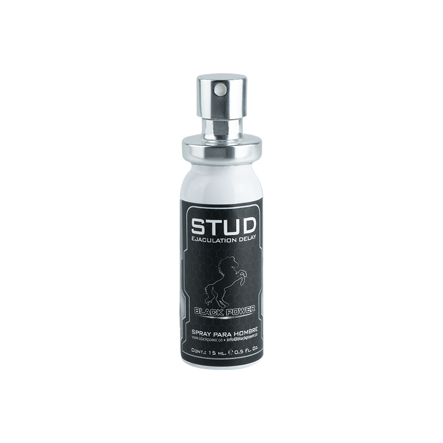 Frasco de 15 ml del retardante íntimo Stud Spray Black Power, formato spray para fácil aplicación.