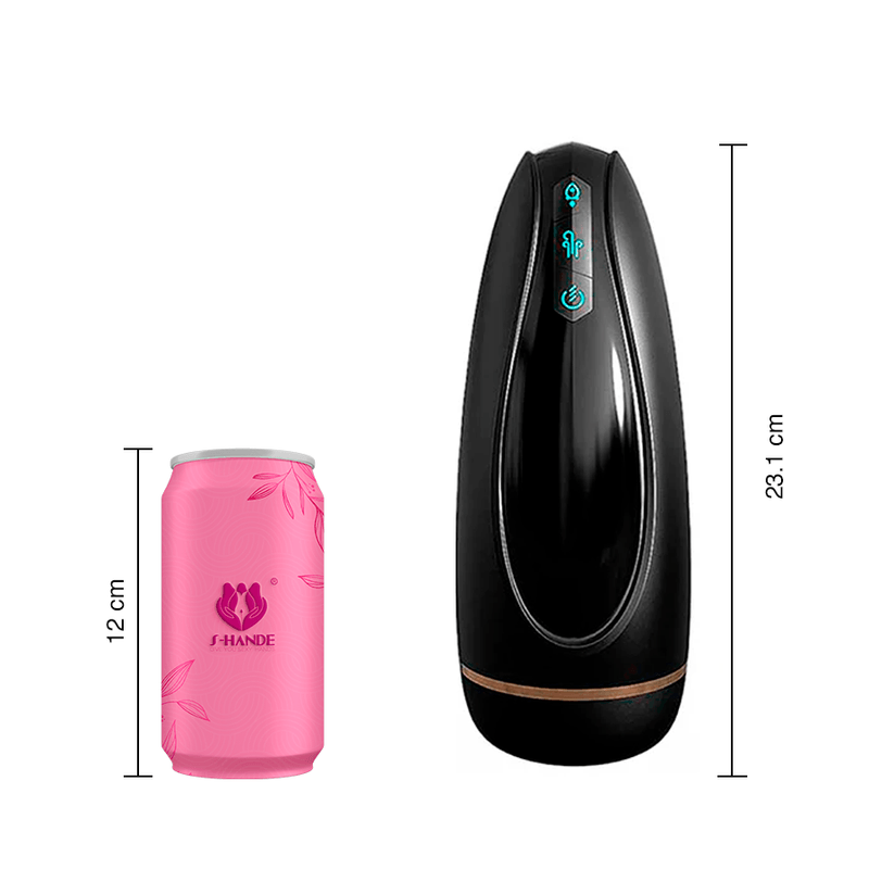 Comparación del masturbador Hawk con una lata de 12 cm, destacando su tamaño de 23,1 cm.