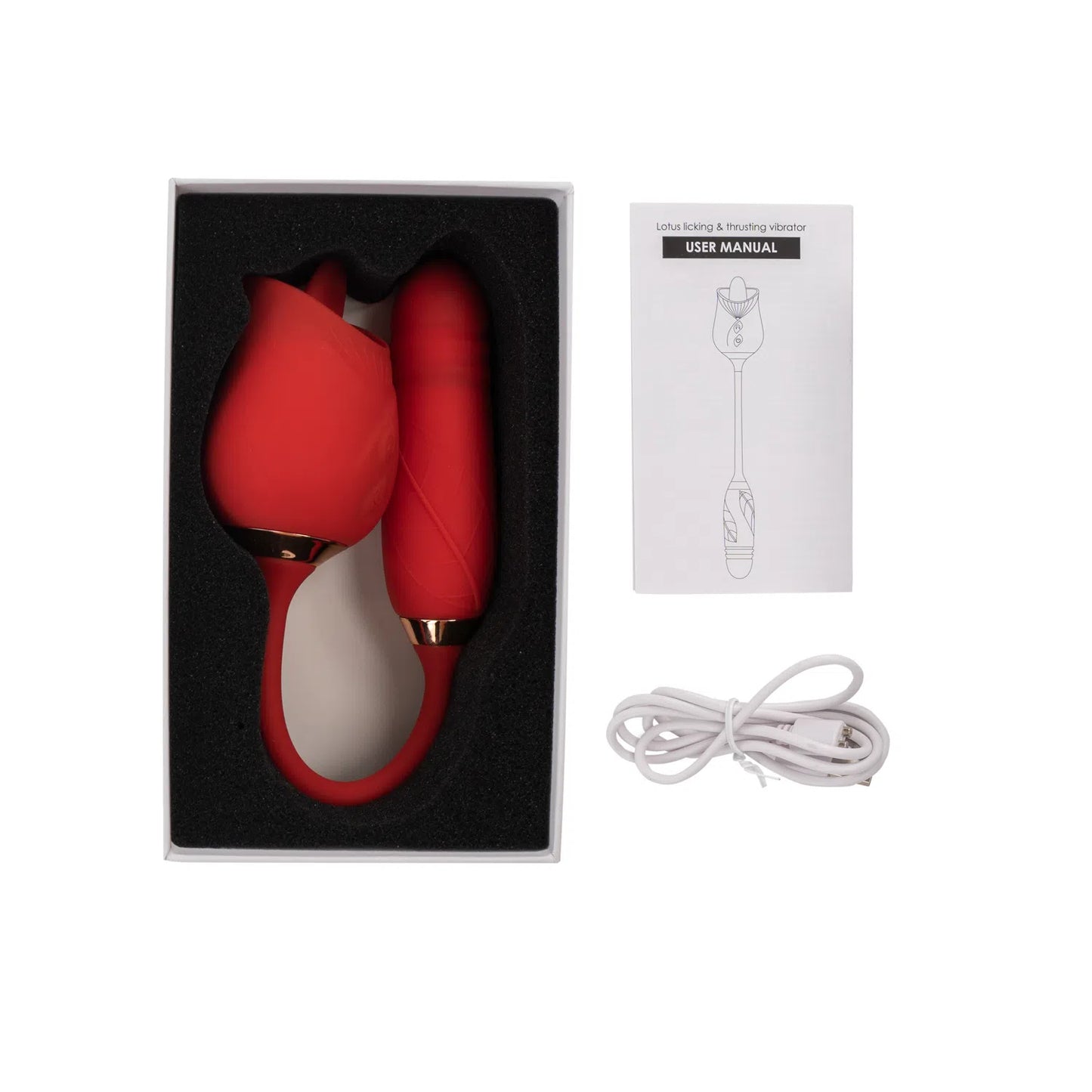 vibrador flor de loto en la caja de empaque en su interior y al lado mostrando instruciones del juguete y el cargar de carga magnetica del kit