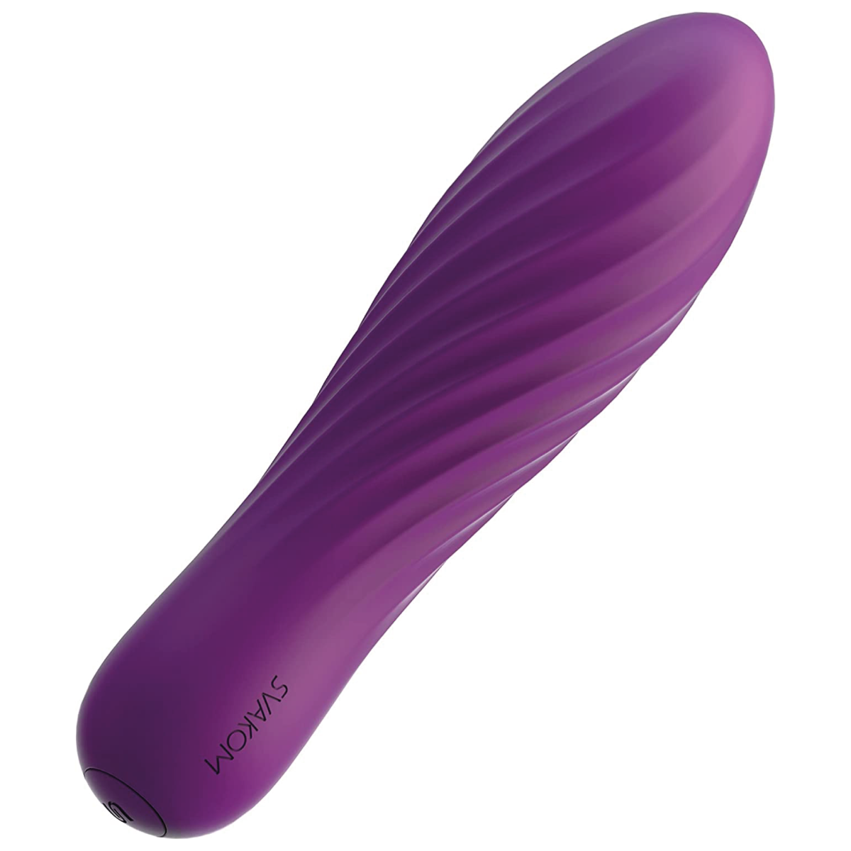 Vista en ángulo del vibrador Tulip de Svakom en color morado, destacando su forma ergonómica y textura acanalada.