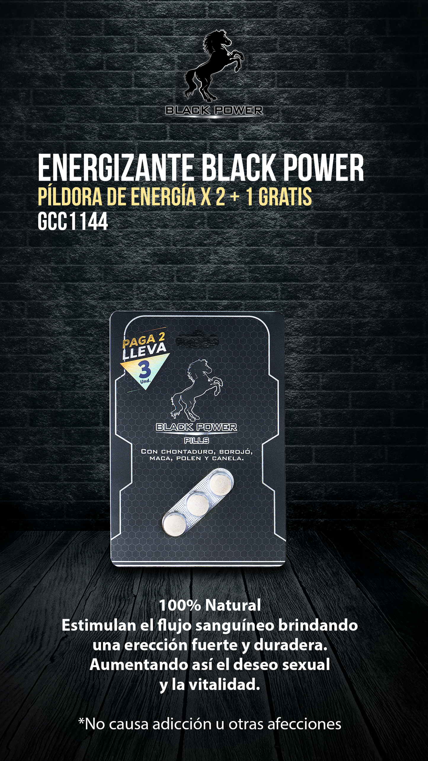 Vista frontal del empaque de Black Power Pills con un blíster adyacente mostrando tres píldoras para resaltar la oferta.