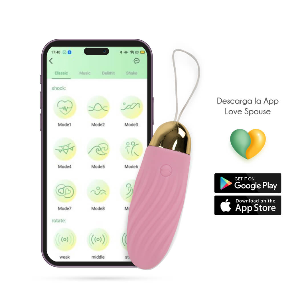 Huevo vibrador Elenor Majestic Rosado con acabado dorado en la base, junto a un smartphone que muestra la app 'Love Spouse' con íconos de diferentes modos de vibración. Botones para descargar en Google Play y App Store están visibles.