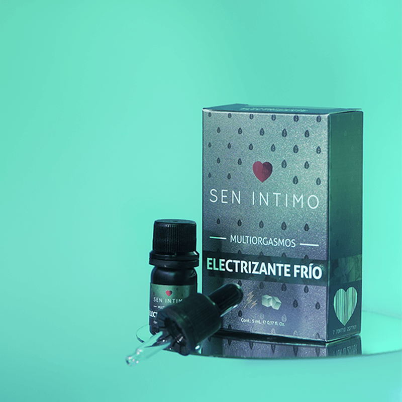 Primer plano de la caja del multiorgasmos electrizante frío Sen Íntimo de 5 ml. Diseño elegante con detalles en verde y logotipo de la marca