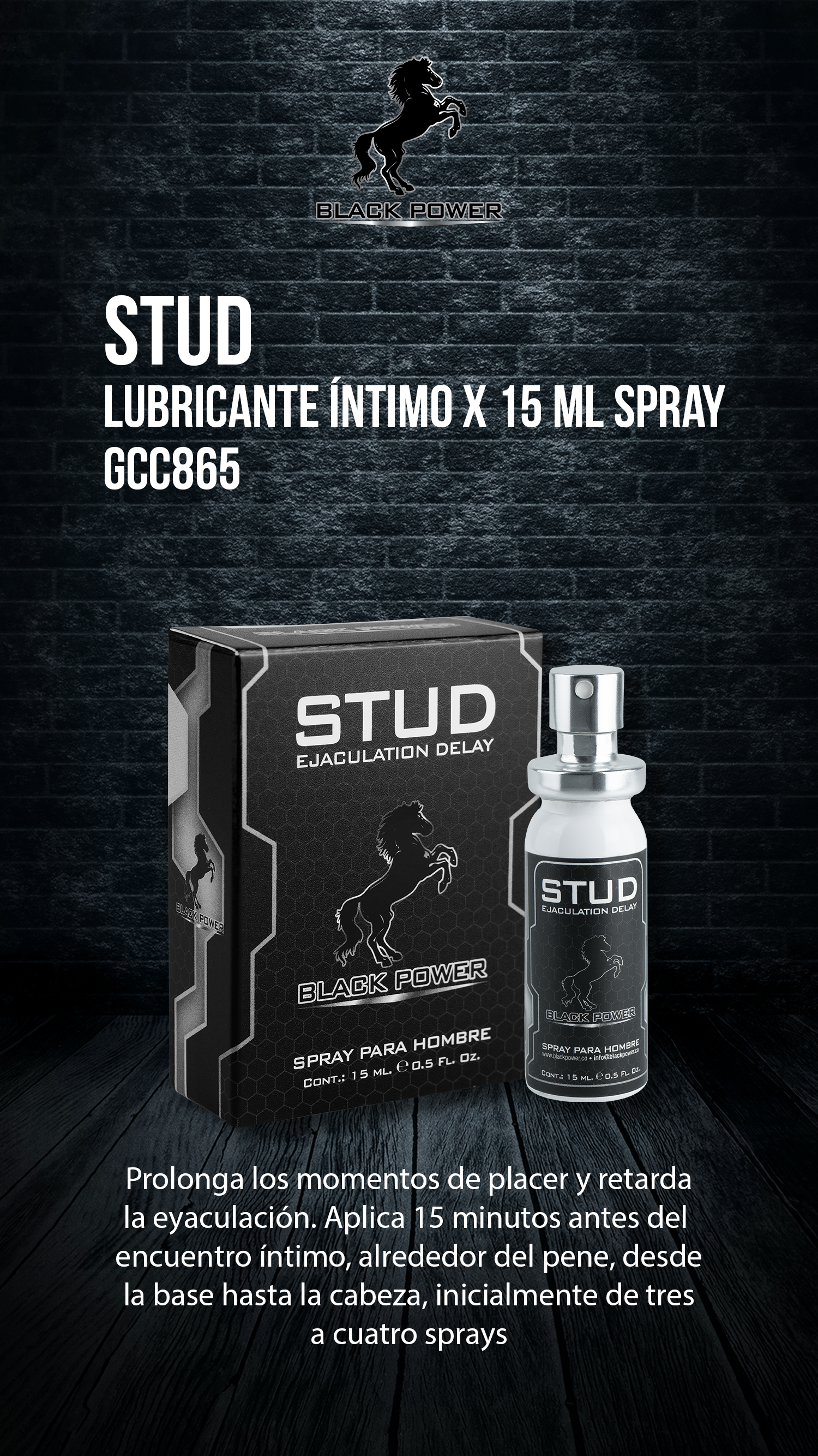 Diseño publicitario del Stud Spray Black Power con fondo negro, resaltando su uso para retardar la eyaculación.