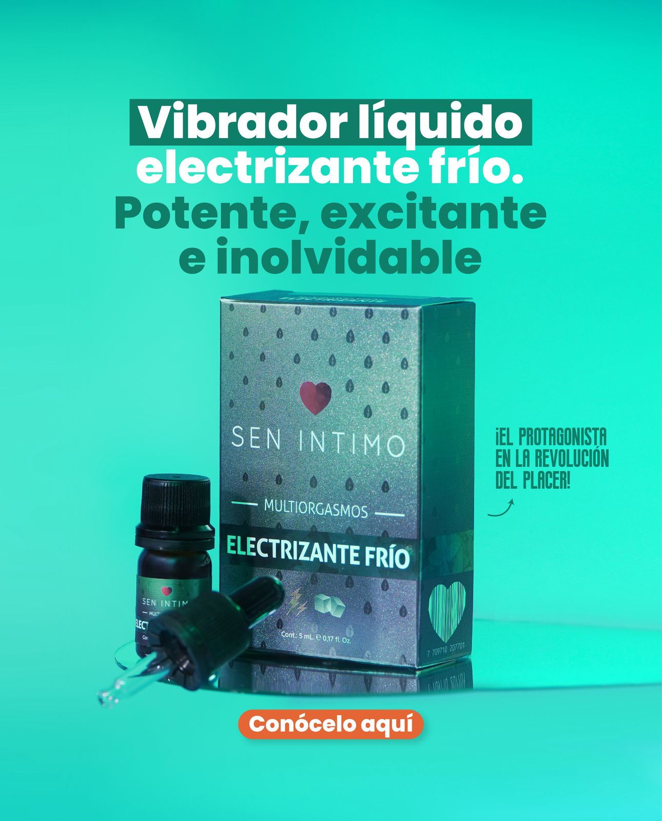 Presentación del producto con su frasco dosificador y caja. Perfecto para una experiencia sensorial intensa con efecto vibrante y refrescante