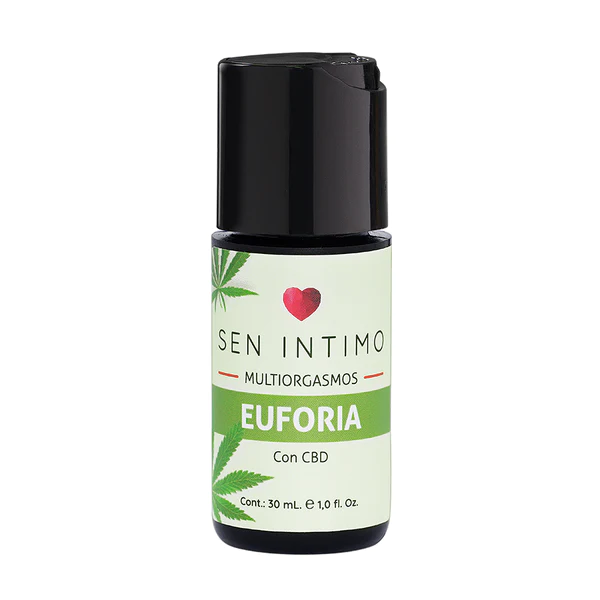 Frasco de lubricante íntimo Multiorgasmos Euforia Sen Intimo con CBD, en presentación de 30 ml. Diseñado para intensificar el placer y la lubricación durante los encuentros íntimos.